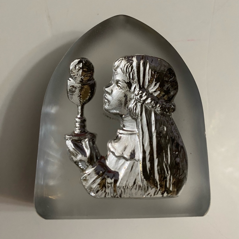 First communion girl Desna Bohemian glass Christmas gift Paperweight plaque Holy